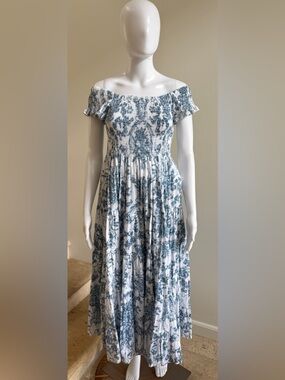 CB POSITANO Blue & White Smocked Maxi Floral Cotton Dress One Size